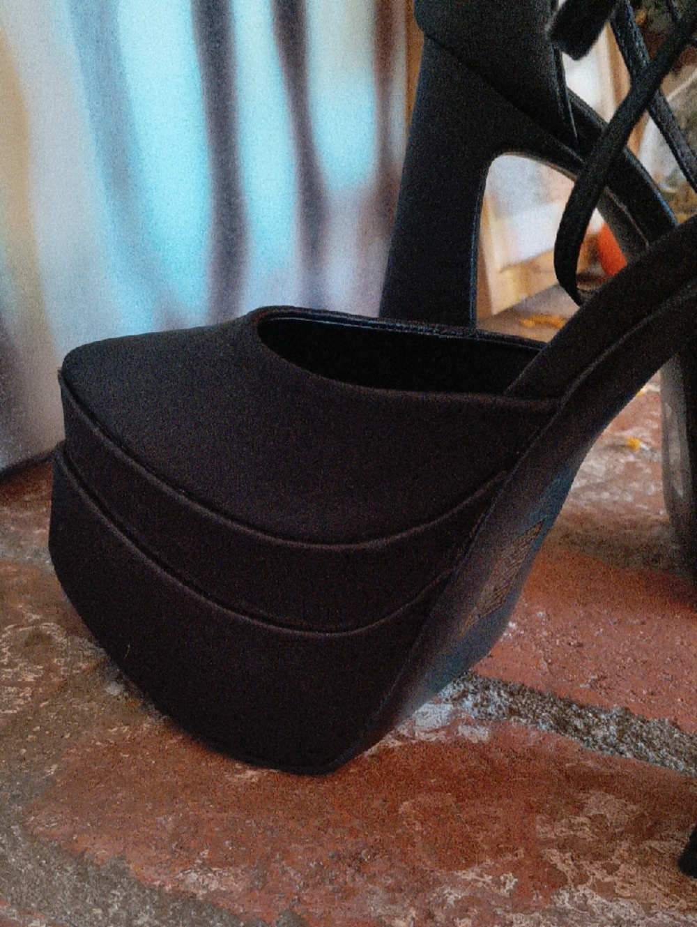 Triple-Strap Black Satin Platform Block Heels - Picture 9 of 11